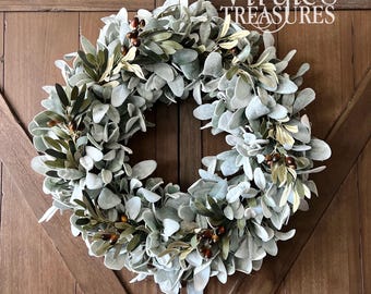 Farmhouse Wreath for Front Door / Lambs Ear Wreath / Farmhouse Wreath / Lambs Ear & Olive Leaf Wreath / Year Round Wreath / Greenery Wreath