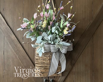 Spring Door Basket Wreath, Hanging Basket, Floral Arrangement Basket, Front Door Hanging Basket Wreath, Lavender Wall Decor