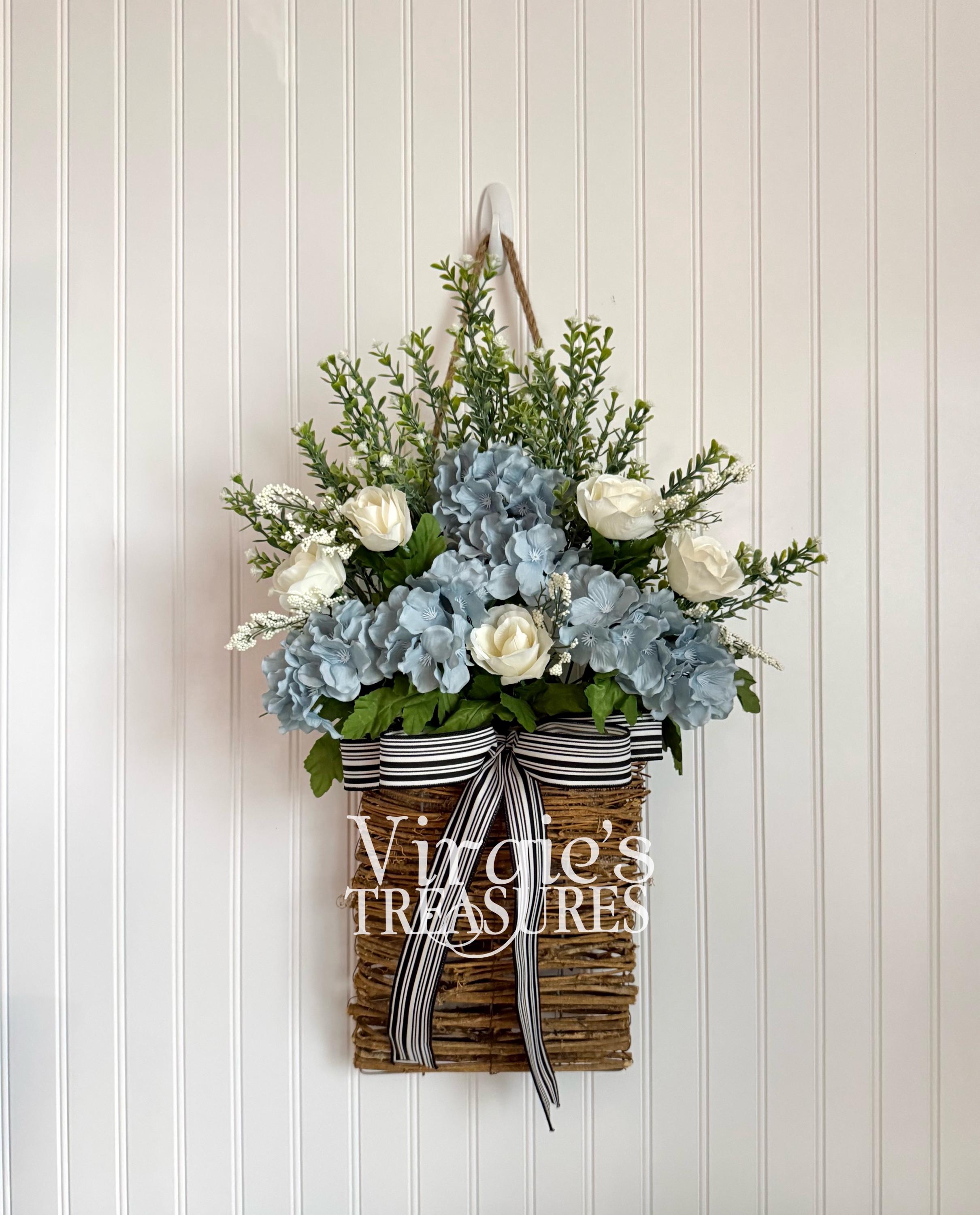 Blue Hydrangea Door Basket Wreath, Spring Hanging Basket, Floral