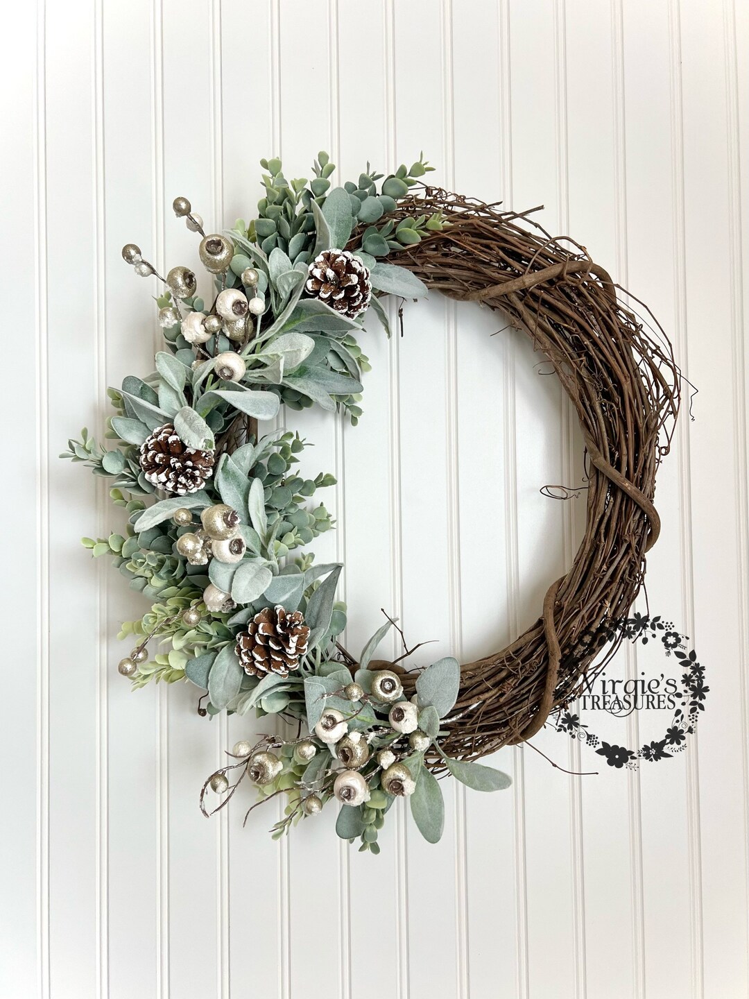 Christmas Frosted Berry Wreath, Farmhouse Christmas Wreath, Holiday Wreath, Eucalyptus and Lambs