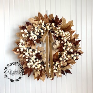 Fall Cream Berry Wreath-Fall Maple Leaf Wreath-Front Door Wreath-Fall Wreath-Autumn Wreath-Thanksgiving Wreath-Berry Wreath-Cream and Brown