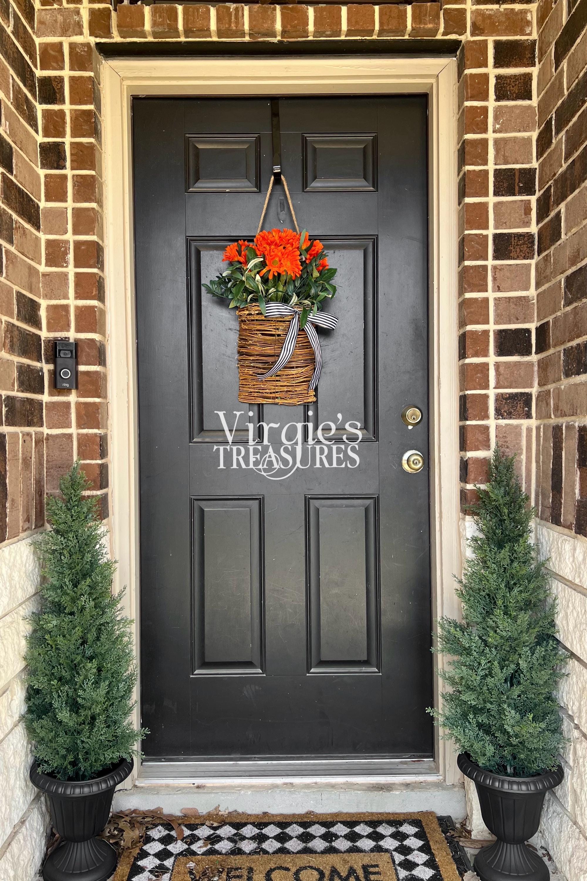 Orange Daisy Flower Door Basket Wreath, Spring Hanging Basket