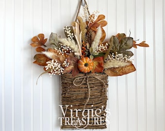 Rustic Hanging Door Basket | Front Door Decor | Floral Basket Wreath | Autumn Wall Decor | Pumpkin Hanging Door Basket | Fall  Decor
