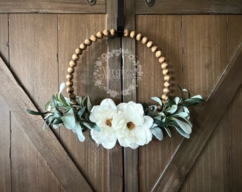 Year Round Wreath, Lambs ear & Olive Wreath, Farmhouse Beaded Wood Wreath, Wood Bead Wreath, Kitchen Wreath, Everyday Wreath, Wood Stained