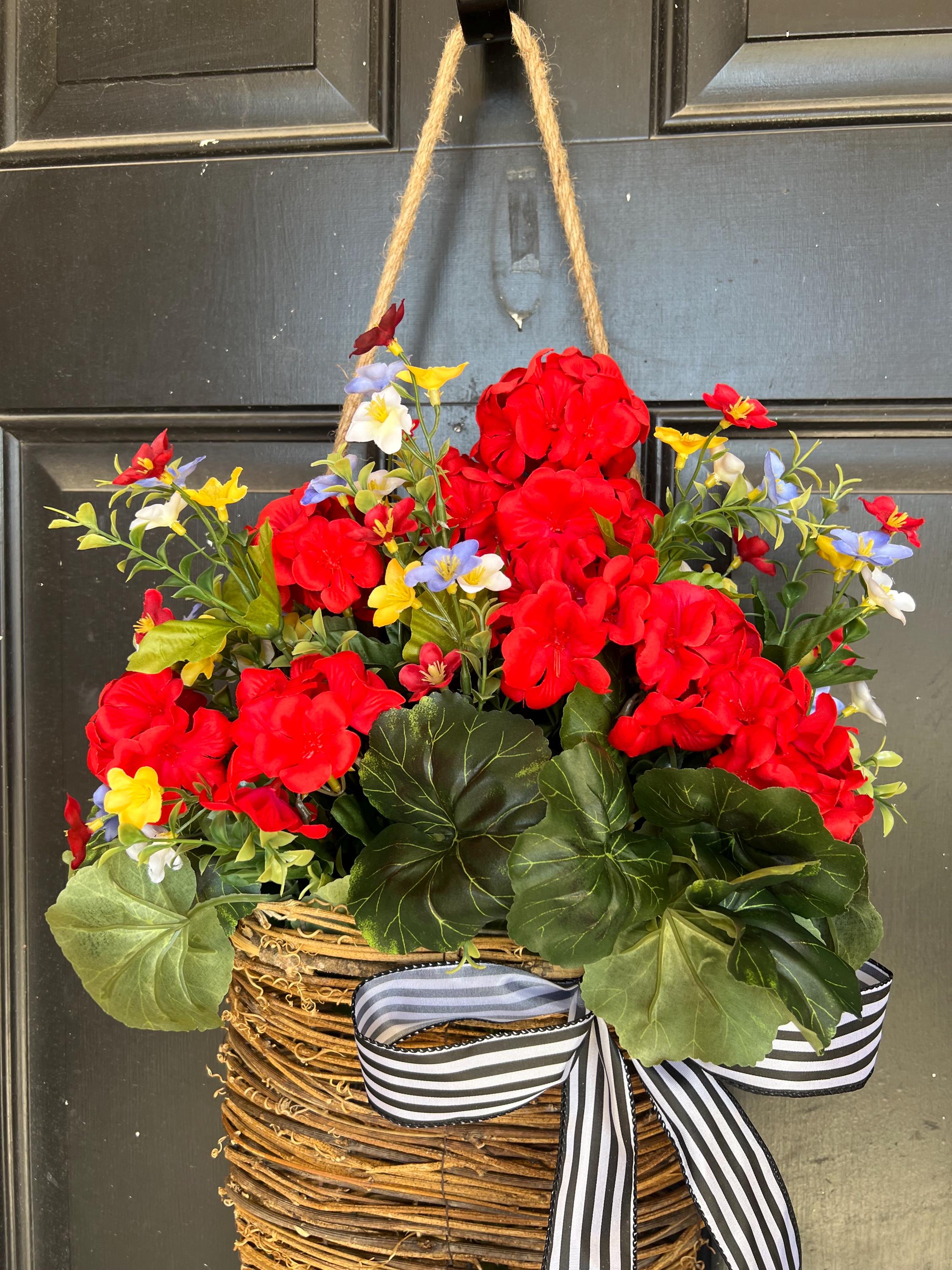 Geranium Flower Door Basket Wreath, Spring Hanging Basket, Floral