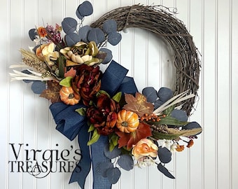 Fall Pumpkin Wreath / Autumn Wreath / Peony Fall Wreath  / Fall Wall Decor / Blue Eucalyptus Wreath / Navy Blue & Burnt Orange Floral Wreath