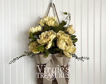Rustic Hanging Door Basket with Peonies | Front Door Decor | Flora Basket Wreath | Year Round Wall Decor | Peony Hanging Door Basket