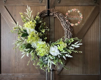 Front Door Wreath-Green Hydrangea Wreath, Peony and Hydrangea Wreath, Everyday Wreath-Spring Wreath-Summer Wreath-Peony Wreath