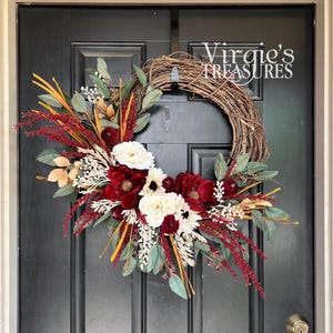Fall Magnolia Wreath, Fall Wreath, Front door wreath, Thanksgiving Wreath, Autumn Wreath, Fall Floral Wreath, Cream & Red Fall Florals