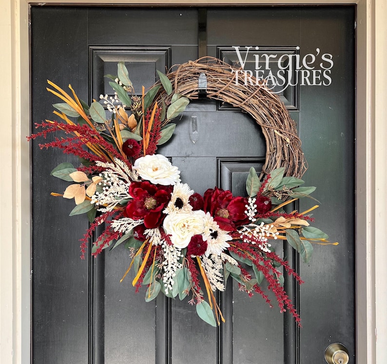 Fall Magnolia Wreath, Fall Wreath, Front door wreath, Thanksgiving Wreath, Autumn Wreath, Fall Floral Wreath, Cream & Red Fall Florals