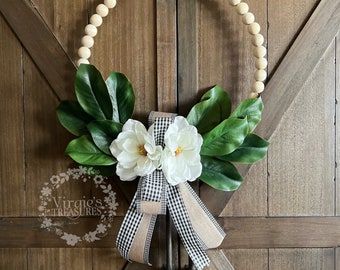 Magnolia Wood Bead Wreath, Farmhouse Wreath, Wood Bead Wreath, Camper Wreath, Wall Gallery Wreath, Mantel Wreath, Kitchen Wreath, Beaded