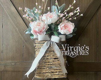 Pink Peony Door Basket Wreath, Spring hanging Basket, Floral Arrangement Basket, Front Door Hanging Basket Wreath, Wall Decor, Door Wreath