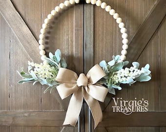 Year Round Wreath, Lambs ear Wreath, Farmhouse Beaded Wood Wreath, Cream Floral Wood Bead Wreath, Kitchen Wreath, Everyday Wreath