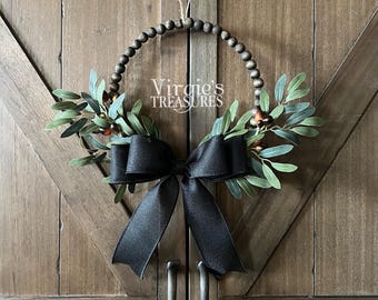 Mini Olive Wreath, Year Round Wreath, Olive Leaf Wreath, Farmhouse Wreath, Dark Walnut Wood Bead Wreath, Everyday Wreath, Kitchen Wreath