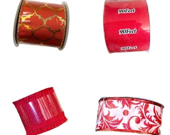 May include: Four spools of decorative ribbon. One spool is orange with a gold quatrefoil pattern. Another is solid red with the text "90 Feet". The third is red with a woven texture and fringe. The last is white with a red floral design.