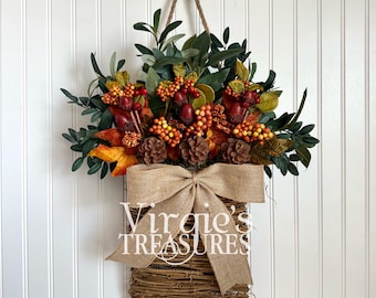 Fall Berry Door Basket Wreath, Hanging Basket, Floral Arrangement Basket, Front Door Hanging Basket Wreath, Fall Wall Decor, Autumn Decor