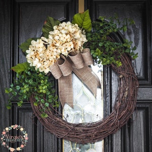 Double Door Hydrangeas Grapevine Wreath-cream Hydrangea Wreath, Front ...