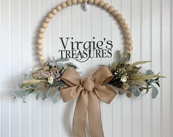 Year Round Wreath, Lambs ear Wreath, Farmhouse Beaded Wood Wreath, Beige Floral Wood Bead Wreath, Kitchen Wreath, Everyday Wreath