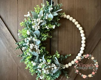 Wood Bead Wreath, Farmhouse Wreath, White Berry Wreath, Spring Wreath