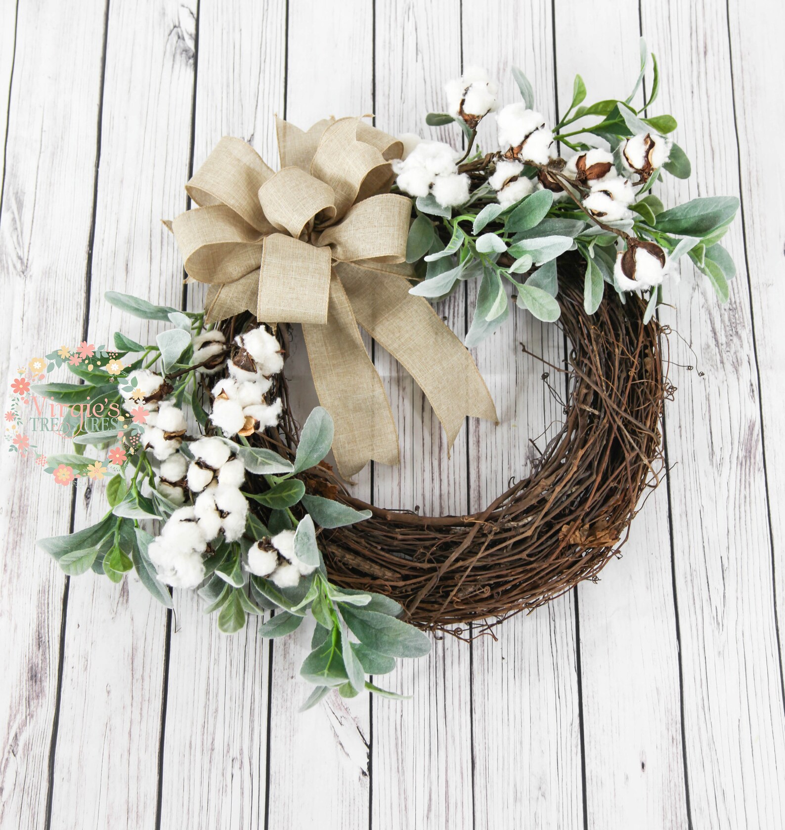 Lambs Ear and Cotton Stem Wreath, Farmhouse Wreath, Front Door Wreath ...