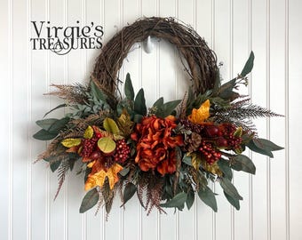 Fall Greenery Wreath-Fall Wreath-Front Door Wreath-Hydrangea Wreath-Autumn Wreath-Pinecone Wreath-Thanksgiving Wreath-Rustic Fall Wreath