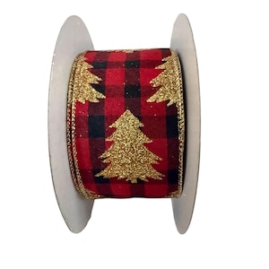 Christmas Ribbon / Holiday Wire Ribbon / Christmas Tree Pattern Ribbon / Farmhouse Christmas Ribbon / red and gold ribbon