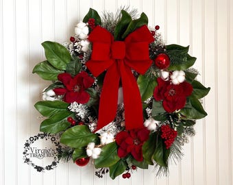 Flocked Christmas Wreath, Christmas Wreath, Winter Wreath, Holiday Wreath, Magnolia Wreath, Front Door Wreath, Holiday Floral Wreath
