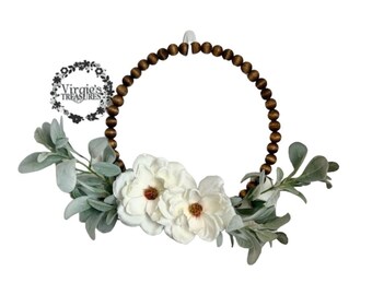 Year Round Wreath, Lambs ear Wreath, Farmhouse Beaded Wood Wreath, Wood Bead Wreath, Kitchen Wreath, Everyday Wreath, Wood Stained