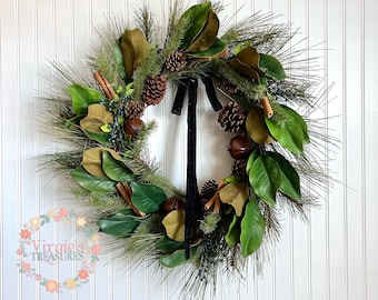 Winter Pine Wreath-Christmas Wreath-Holiday Winter Wreath-Rustic Winter Greenery Wreath-Pine Wreath with bells-Magnolia Wreath