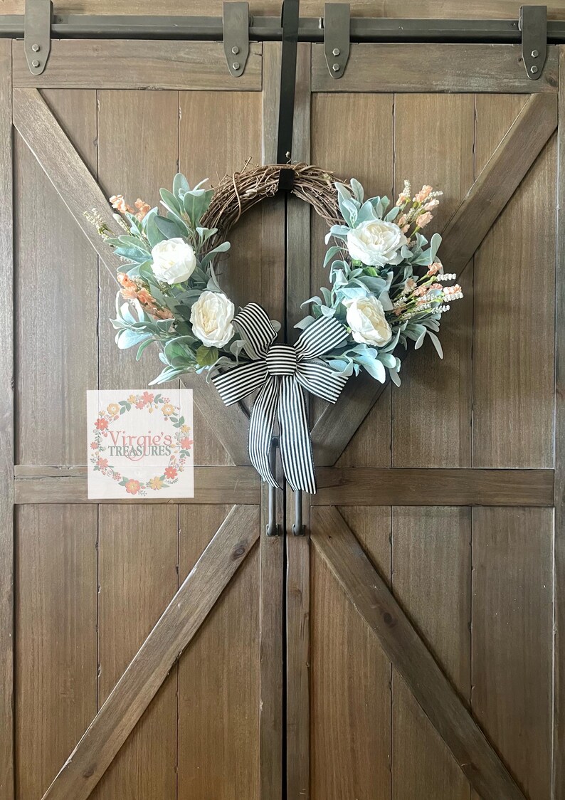 Cabbage Rose & Lambs Ear Wreath, Front Door Wreath, Year Round Wreath ...