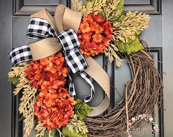 Fall Hydrangea Wreath, Hydrangea Wreath, Fall Wreath for Front Door Wreath, Everyday Wreath, Orange Hydrangea Wreath, Halloween Wreath