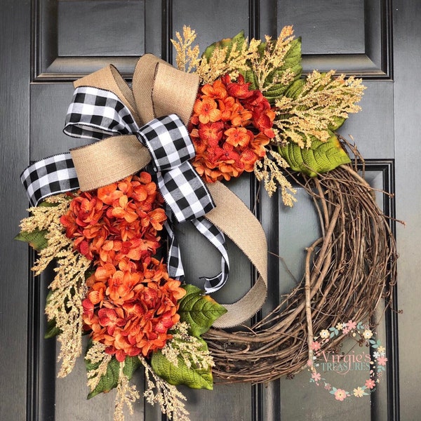 Fall Hydrangea Wreath, Hydrangea Wreath, Fall Wreath for Front Door Wreath, Everyday Wreath, Orange Hydrangea Wreath, Halloween Wreath