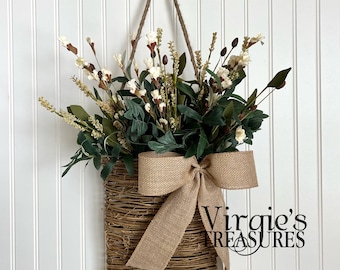Fall Door Basket Wreath, Hanging Basket, Floral Arrangement Basket, Front Door Hanging Basket Wreath, Fall Wall Decor, Autumn Decor