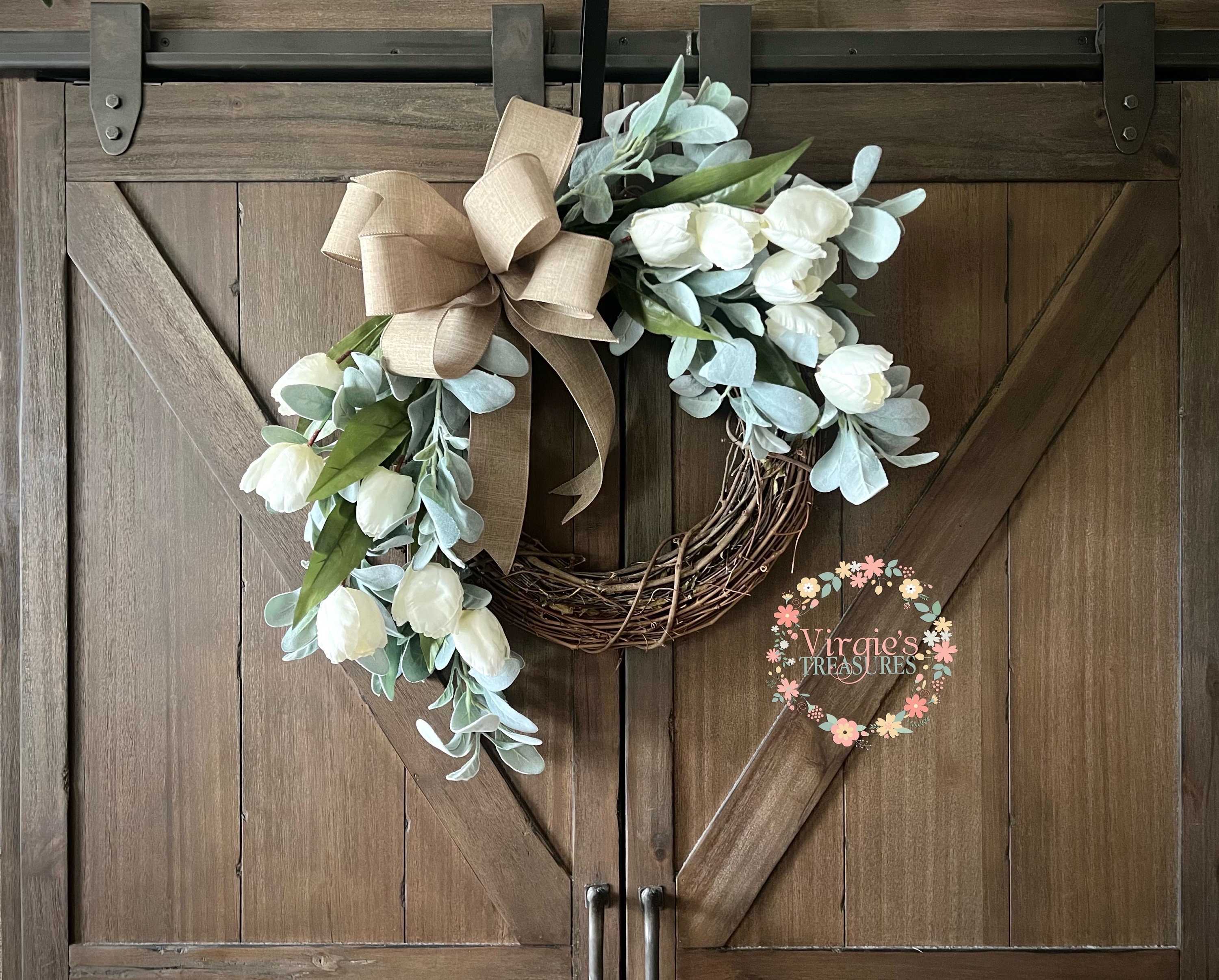wreath bouquet 04ハンドメイド フラワーリースホワイト ベージュ Lamb's Ear Wreath With White Tulips, Spring Wreath for Front Door