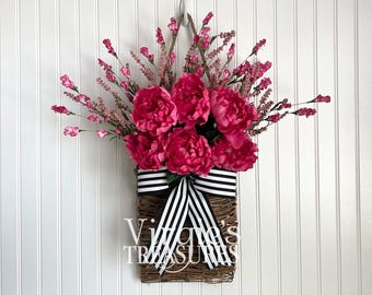 Peony Door Basket Wreath, Spring Door Basket, Pink Berry Wildflower Wreath, Front Door Hanging Basket Wreath, Wall Decor