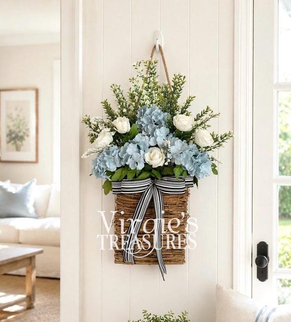 Blue Hydrangea Door Basket Wreath, Spring Hanging Basket, Floral