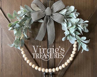 Year Round Wreath, Farmhouse Beaded Wood Wreath, Wood Bead Wreath, Camper Wreath, Wall Gallery Wreath, Kitchen Wreath, Lambs Ear Wreath