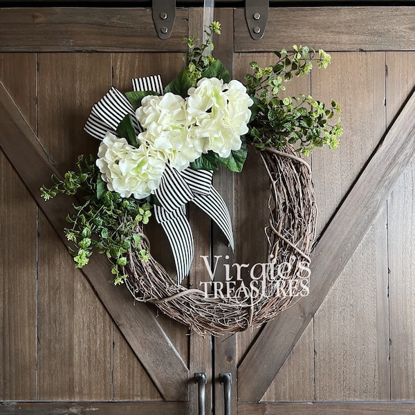 Front Door Wreath-White Hydrangeas Grapevine Wreath-Hydrangea Wreath, Neutral Wreath, Spring Wreath, Summer Wreath, Housewarming