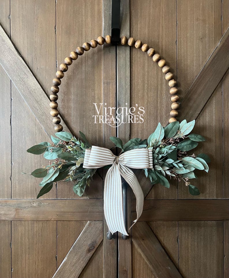 Year Round Wreath, Eucalyptus Leaf Wreath, Farmhouse Beaded Wood Wreath, Wood Bead Wreath, Kitchen Wreath, Everyday Wreath Ruscus Wreath image 1
