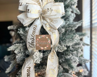 Christmas Tree Topper Bow, Wreath Bow, Holiday Bow, Christmas Bow, Merry Christmas Gold Bow, Gold and Cream Holiday Bow