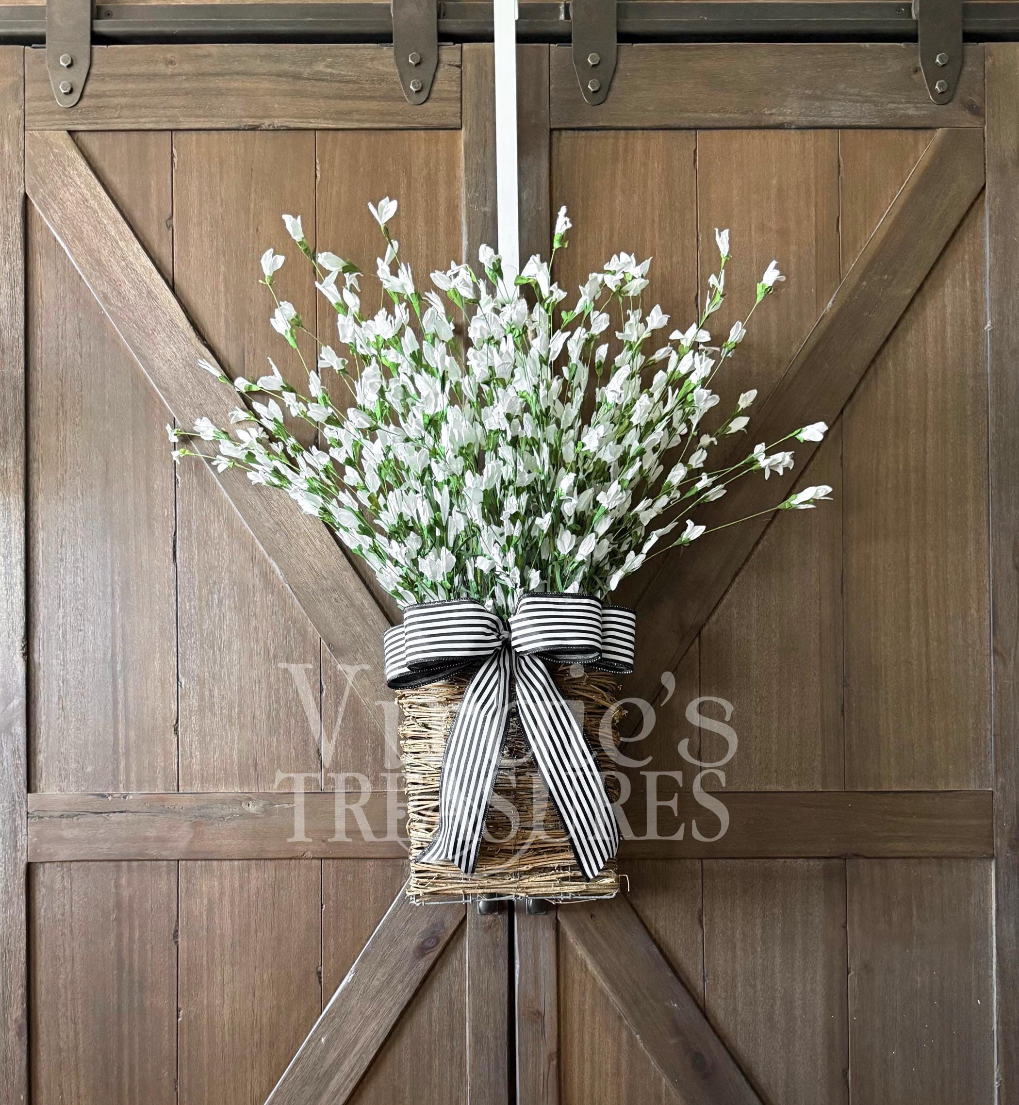 White Floral Door Basket Wreath, Spring Hanging Basket, Floral