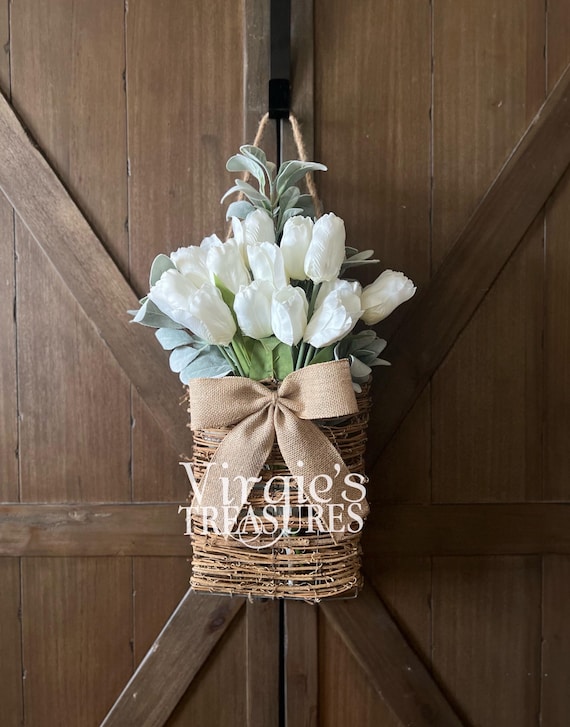 Tulip Door Basket Wreath, Spring Hanging Basket, Floral