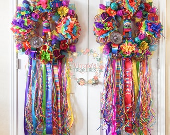 Fiesta Deco Mesh Wreath-Fiesta Birthday Wreath-Fiesta Wreath -Fiesta Wreath-Fiesta SA Wreath-Cinco De Mayo Wreath, Double Door Set