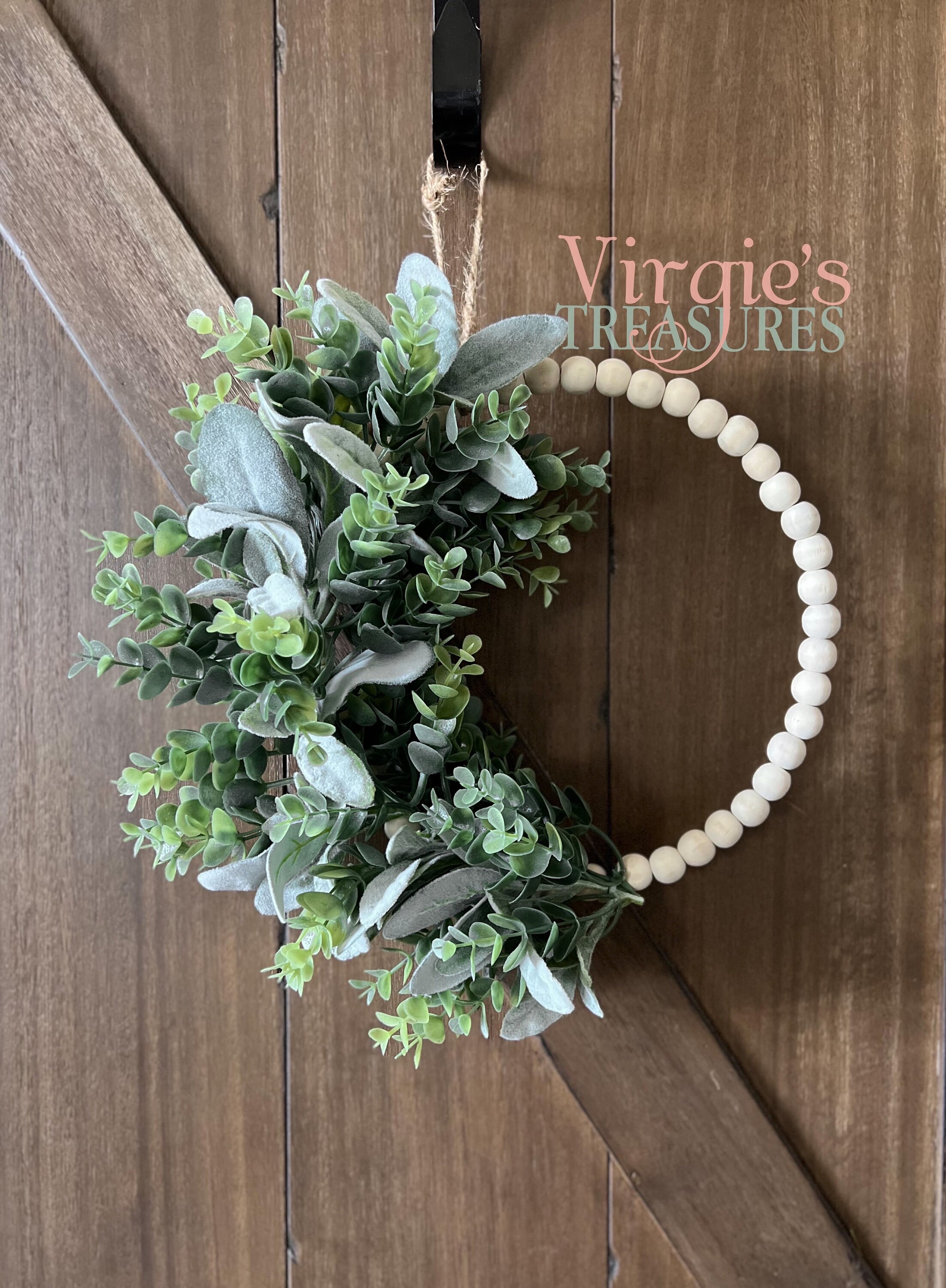 Mini Eucalyptus Wood Bead Wreath, Farmhouse Wreath, Greenery Wood Bead Wreath, Camper Wreath, Lambs Ear Wood Bead Wreath, Fuller Eucalyptus