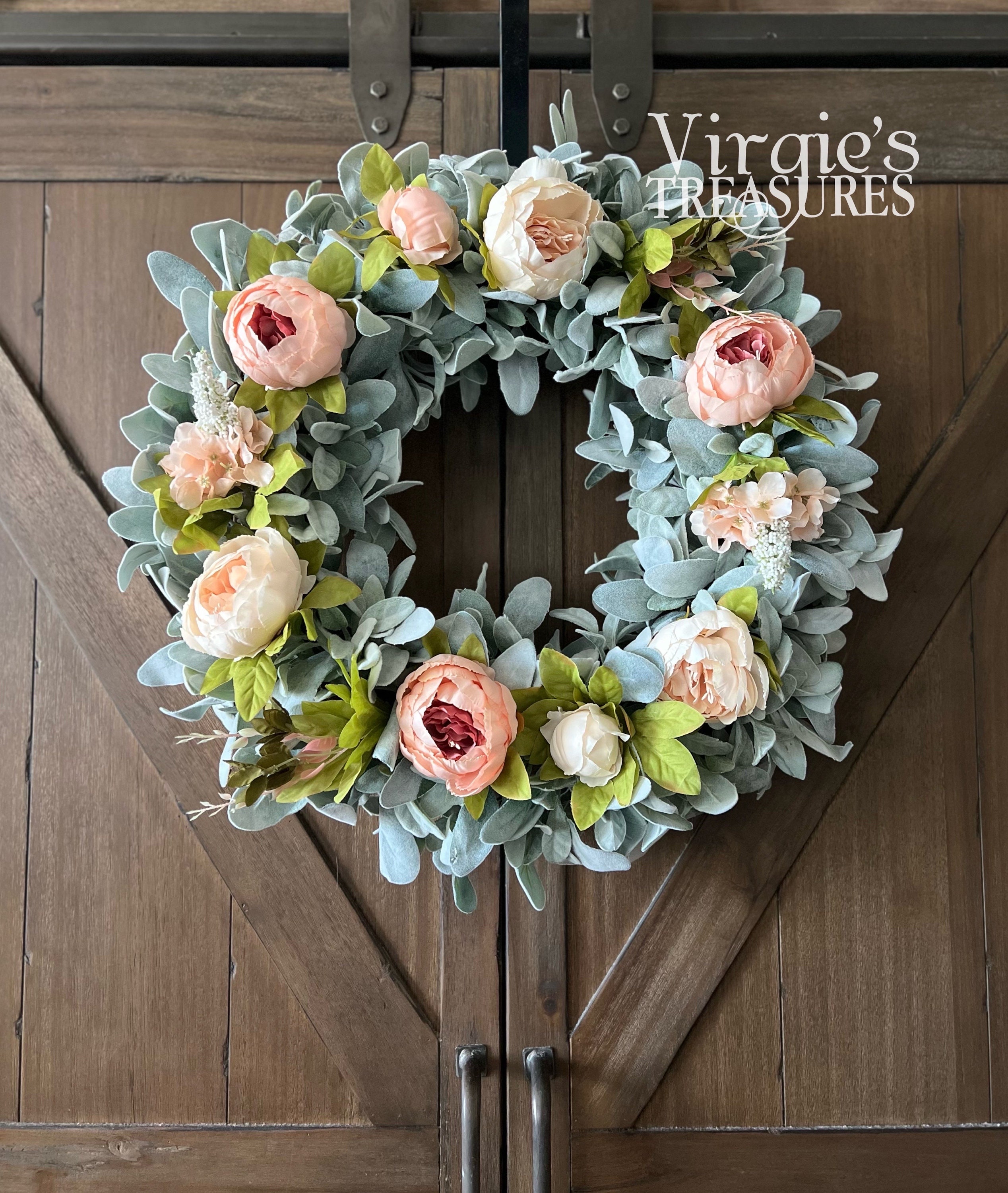 Pink Peony Wreath, Lamb's Ear Wreath, Front Door Wreath, Spring