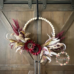 Sunflower Wood Bead Wreath, Fall Floral Wreath, Fall Boho Wreath, Fall Wreath, Burgundy and Cream Floral Wreath, Wood Bead Wreath