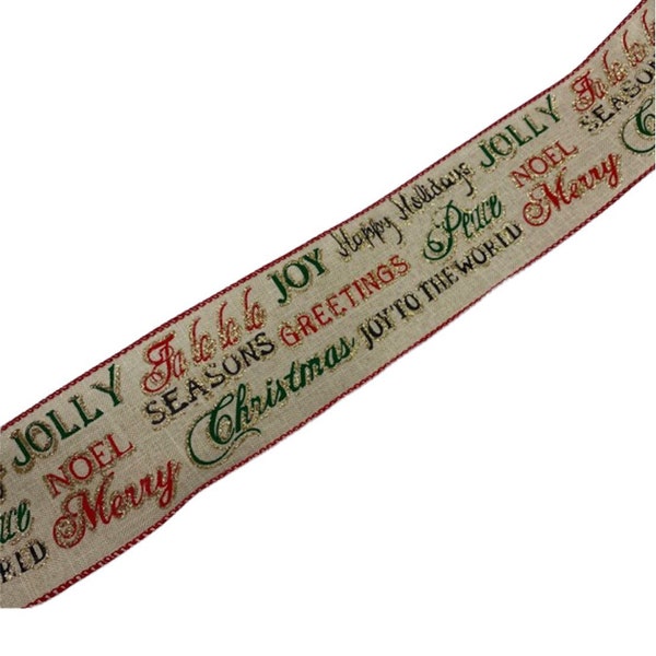 Christmas Wired Ribbon-Christmas Wording Ribbon-Holiday Wired Ribbon-Holiday Ribbon Decorating-Tree Trimming, Faux Burlap