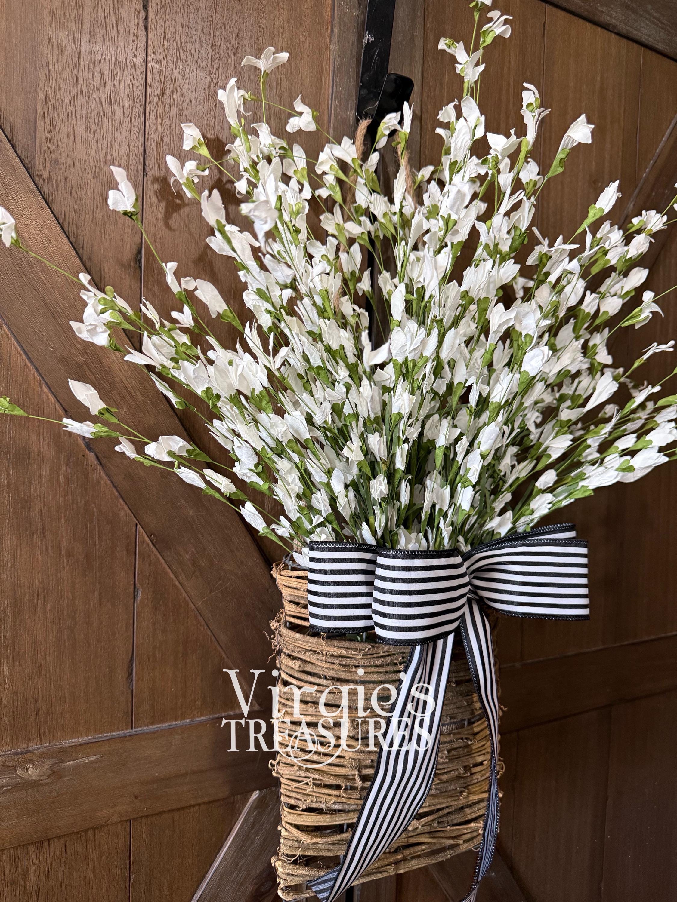 White Floral Door Basket Wreath, Spring Hanging Basket, Floral
