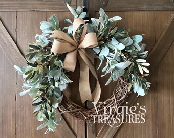 Lamb’s Ear Wreath | Year Round Wreath | Farmhouse Wreath | Front Door Wreath Spring Wreath | Olive Leaf Wreath
