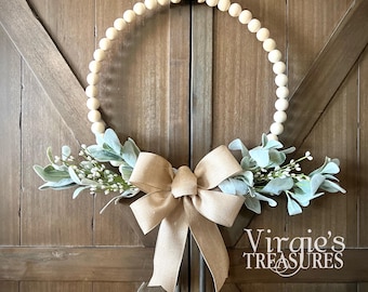 Year Round Wreath, Lambs ear Wreath, Farmhouse Beaded Wood Wreath, White Pip Wood Bead Wreath, Kitchen Wreath, Everyday Wreath
